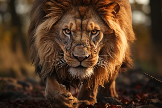 A close-up shot of a Lion striking face, its focused eyes, documentary photo. Generative AI