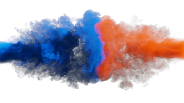 Puffs of blue and red smoke collide against a white background. 3d illustration.