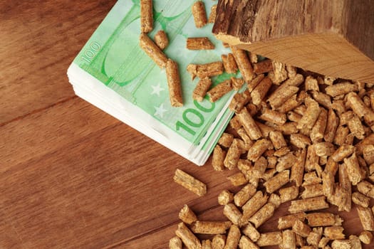 Euro banknotes and wood pellets close up