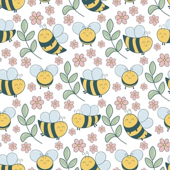 Bees and flowers spring summer seamless pattern