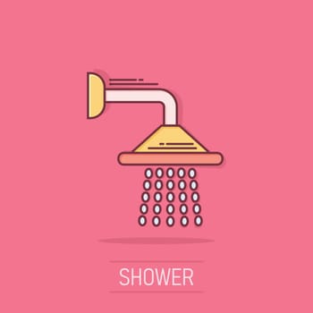 Shower sign icon in comic style. Bathroom water device vector cartoon illustration on isolated background. Wash business concept splash effect.