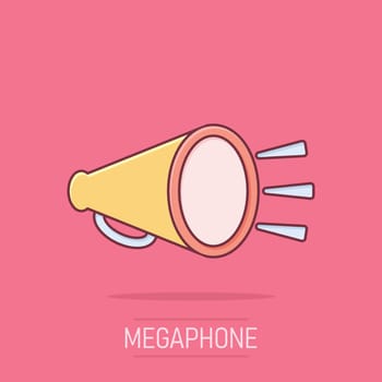 Megaphone speaker icon in comic style. Bullhorn vector cartoon illustration on isolated background. Scream announcement business concept splash effect.