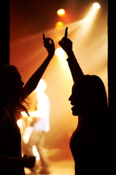 Fans, silhouette and dance to music backstage at event and lights on band for performance at festival. Nightclub, party and people in audience excited for musician and listening to sound with freedom