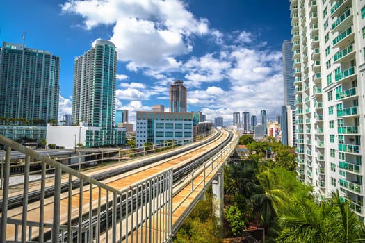 Miami downtown skyline and futuristic mover train view, Florida 