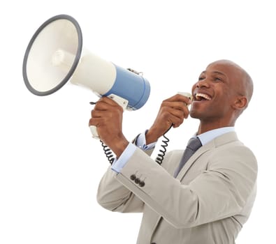 Happy black man, megaphone and business announcement for communication on a white studio background. African person, employee or businessman smile with loudspeaker for alert or notification on mockup.