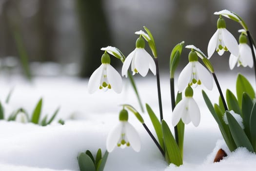 First flowers. Spring snowdrops bloom in the snow.