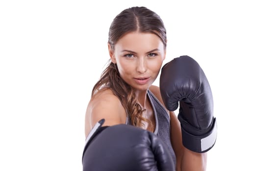 Sports, boxing gloves and portrait of woman in studio for exercise or arm muscle training. Fitness, health and young female boxer athlete with equipment for intense cardio workout by white background