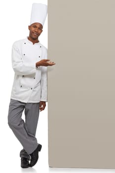 Portrait, poster and black man chef with hand pointing in studio for checklist, menu or space on white background. Bakery, presentation or baker face with food tips billboard, guide or steps mock up.