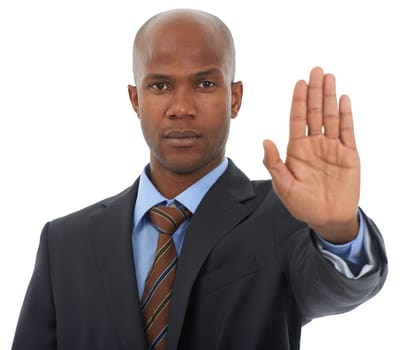 African businessman, portrait or hand to stop in studio for danger warning or threat on white background. Serious worker, palm or body language for attention, gesture or wait for protection or safety