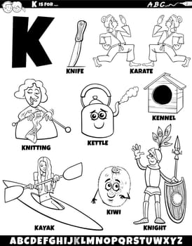Letter K set with cartoon objects and characters coloring page