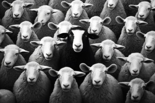 One black sheep in a flock of white sheep. Generative AI