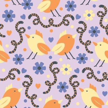 Vector seamless spring pattern with birds and worms