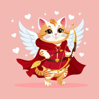 Cute cat warrior archer in a red cloak, pink dress