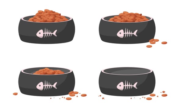 Pet food eating by hungry cat set, sequence game animation with animated steps