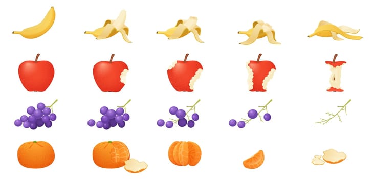 Eaten fruits set, sequence game animation of bitten banana, apple and grapes, tangerine