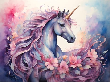 Unicorn Painting With Flowers, A Whimsical Artwork Depicting a Mythical Creature Surrounded by Blooming Blossoms. Generative AI.