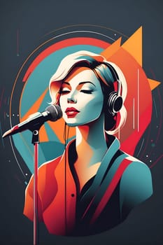Woman Singing Into Microphone With Headphones On. Generative AI.