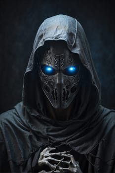 Man With Blue Eyes Wearing a Hooded Outfit. Generative AI.