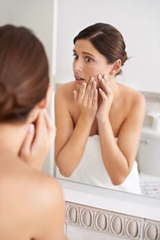 Skincare, mirror reflection or woman stress over skin breakout, acne crisis or pimple outbreak in home bathroom. Beauty problem, dermatology and person feel zit, allergic reaction or treatment fail