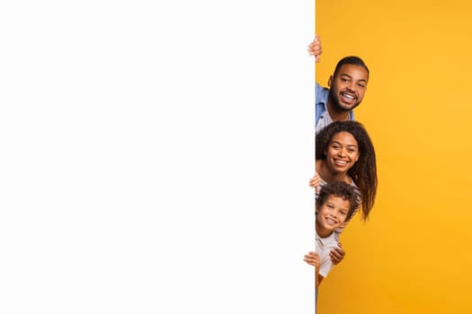 Cheerful black family of three peeking out from behind white advertisement board