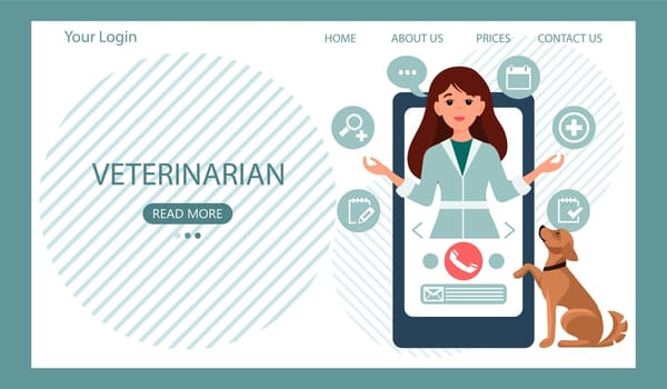 Veterinarian online. Female veterinarian on the phone and cute dog. Animal health banner or landing page template