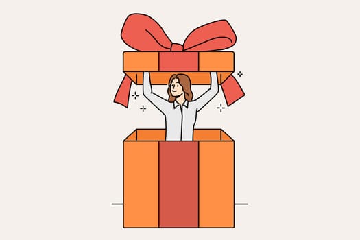 Tiny woman inside gift box with bow, to congratulate store customers or business partners