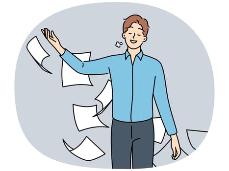 Happy businessman throw papers feel relieved