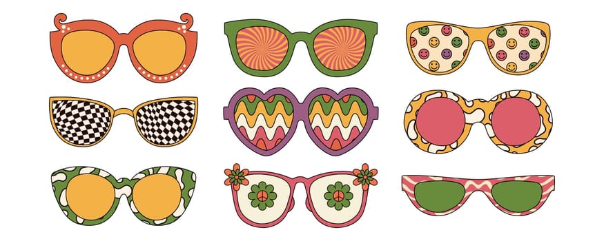 Collection of groovy trippy sunglasses in hippie boho style. Vector illustrations isolated on white background.