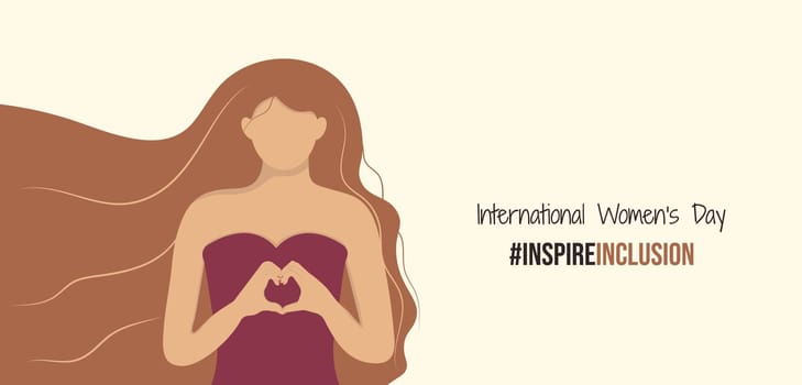 International Women's Day of Inspire Inclusion banner. Woman fold her hands with heart for IWD 2024. Minimalist illustration with InspireInclusion slogan and beautiful girl