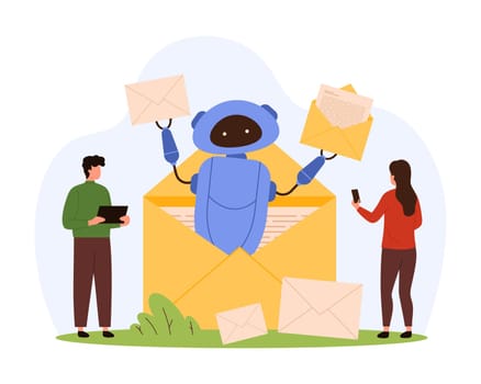 Automated mail service with AI, digital helpdesk support of robot from open envelope