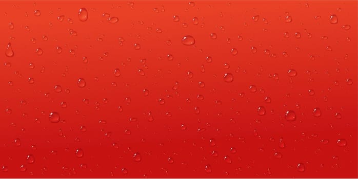 Red drops abstract background. Condensate on glass in close up.