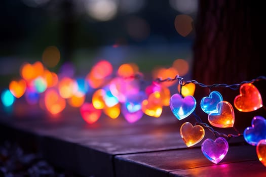 Fairy lights with colorful hearts with bokeh background