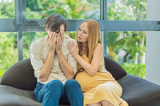 Concerned husband anxiously worries about his wife's pregnancy, seeking reassurance and support