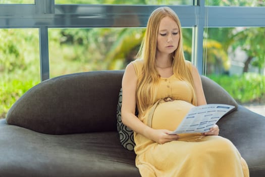 Expectant woman reviews her blood test results, contemplating the health of her pregnancy