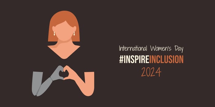 Girl with prosthesis or disability on InspireInclusion International Women's Day banner. Minimalist illustration with Inspire Inclusion slogan. Woman fold her bionic mechanism hands as heart IWD 2024
