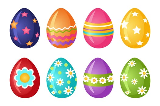 Bright decorated Easter eggs. A set of eight eggs