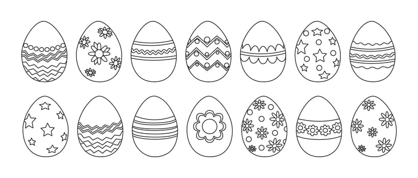 Outline drawing of a coloring set of Easter eggs