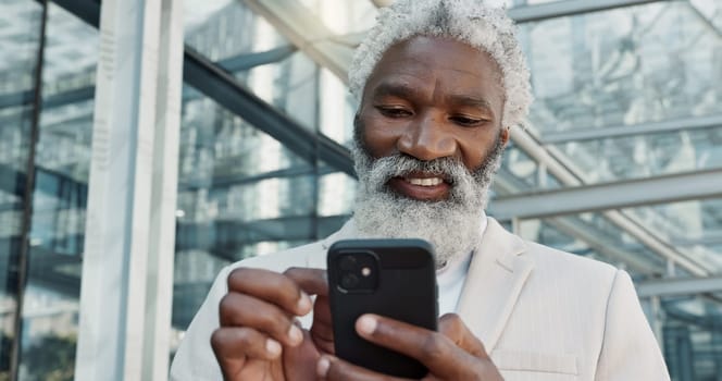 Outdoor, business and senior man with cellphone, social media and connection with website information. Entrepreneur, African person and employee with smartphone, mobile user and contact with network