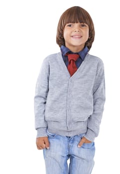 Fashion, happy and child on a white background with trendy clothes, cute style and casual outfit. Childhood, facial expression and isolated young kid with smile, happiness and confidence in studio