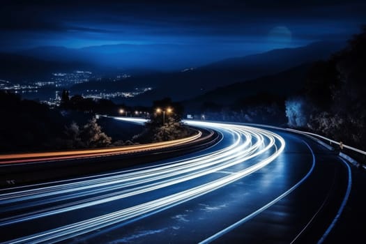 Cars light trails at night in a curve asphalt road at night. Generative AI