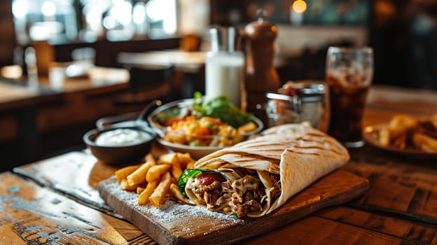 Shawarma on wooden background. selective focus. Generative AI,