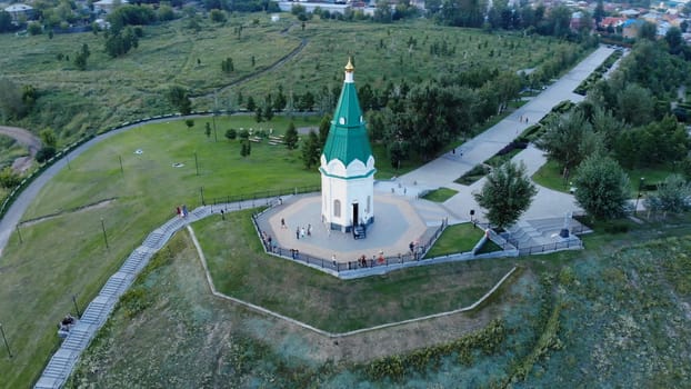 Chapel of Paraskeva Pyatnitsa at the Karaulnaya mountain in Krasnoyarsk. Aerial view.