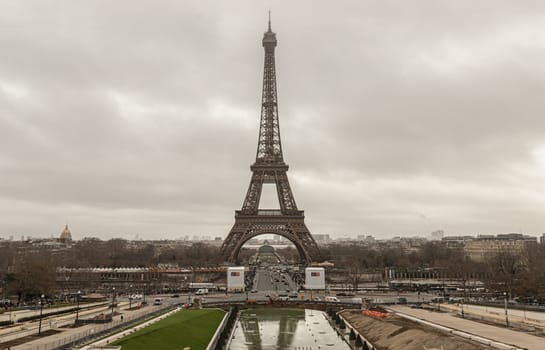 Nice scenery of Eiffel Tower with sky background in Paris. View from Trocadero view point.