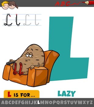 letter L from alphabet with cartoon lazy phrase