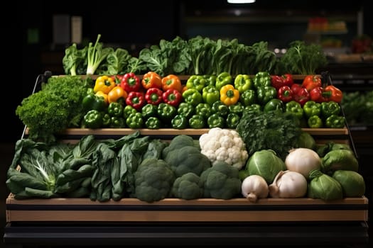 Sets of fresh vegetables on shelves in a supermarket, vegetables on shelves in a pantry.