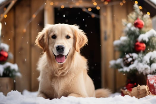 Christmas themed A friendly dog sitting next to a house. Generative AI