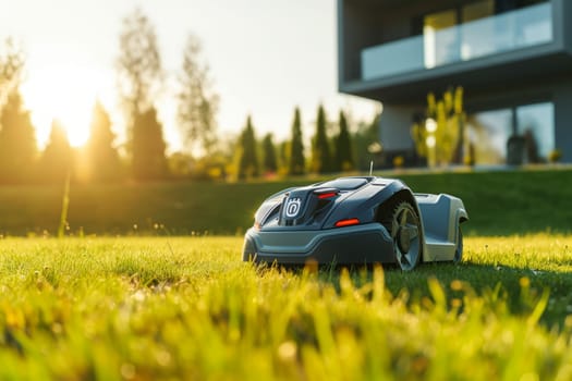 Automatic futuristic robotic lawn mower on a green lawn