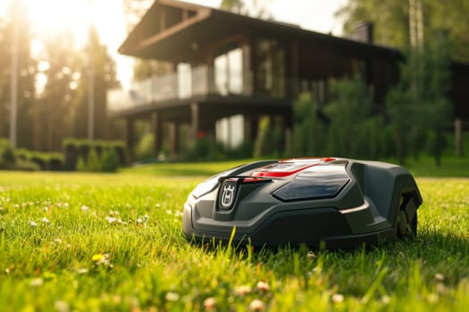 Automatic futuristic robotic lawn mower on a green lawn