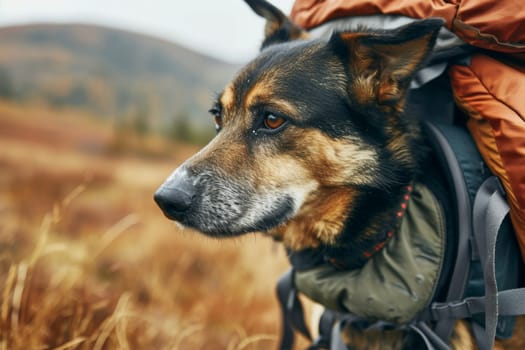 Dog hiker with backpack in adventures