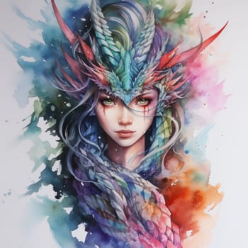 A painting of a woman in the dragon on her head